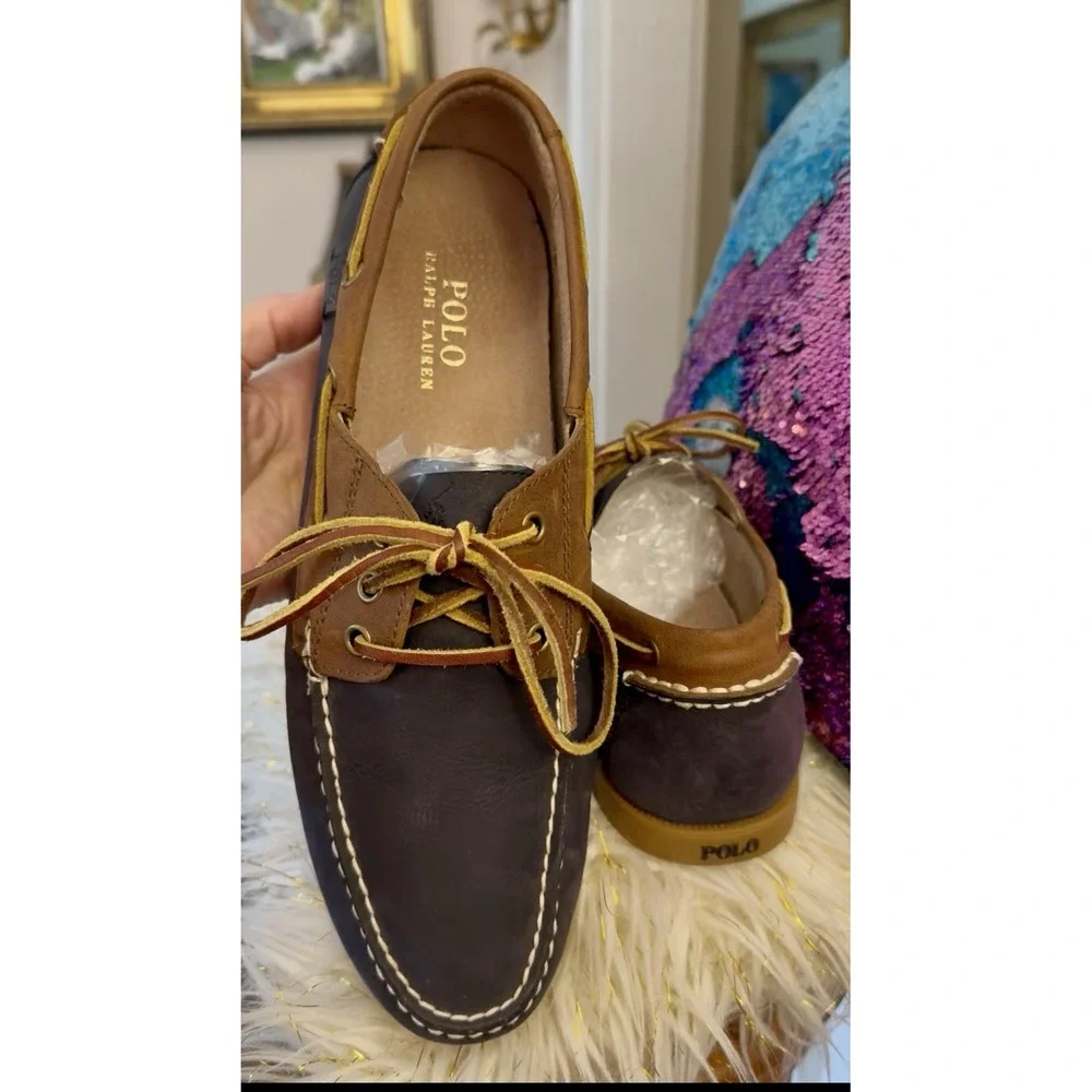 POLO Ralph Lauren BIENNE II Leather Boat Fisherman Shoe Blue Brown Men 12 Photos
